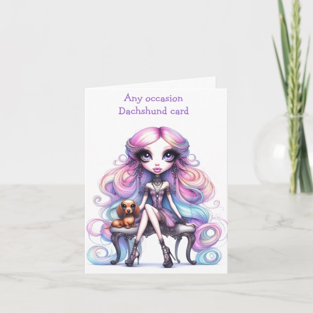 Whimsical Wide Eye Girl and Dackel Card Karte (Vorderseite)