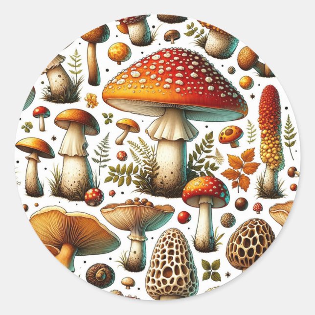 Whimsical Wild Mushrooms Runder Aufkleber (Vorderseite)