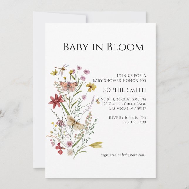 Whimsical Wildblume Baby in Blüteneinladung Einladung (Vorderseite)