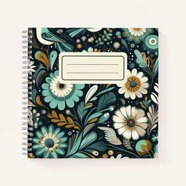 Whimsical Wildblume & Bird Notebook - Aquamarin Dr Notizbuch (Vorderseite)