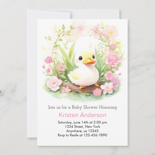Whimsical Wildblume Duckling Girl Babydusche Einladung (Vorderseite)