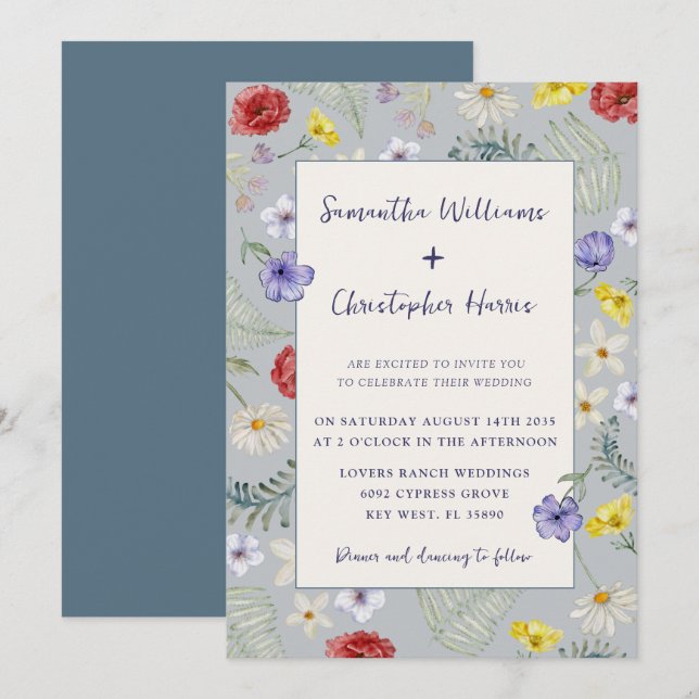 Whimsical Wildblume Dusty Blue Wedding Einladung (Vorne/Hinten)