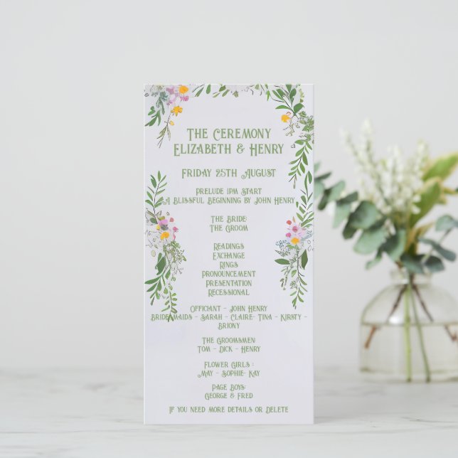 Whimsical Wildblume Hochzeit Zeremonie Einladung (Stehend Vorderseite)