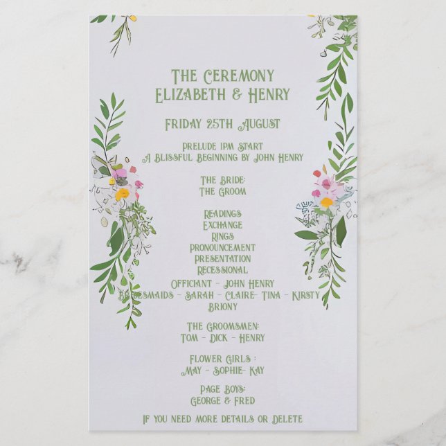 Whimsical Wildblume Hochzeit Zeremonie Einladung Briefpapier (Vorderseite)