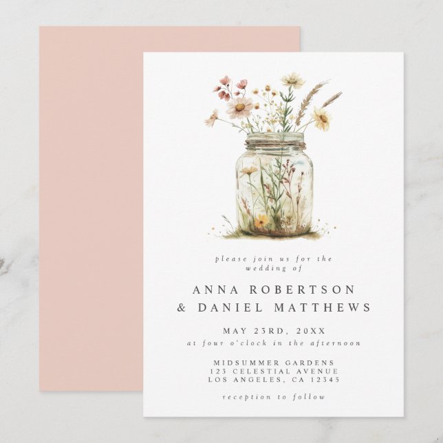 Whimsical Wildblume Mason Jar Wedding Einladung (Vorne/Hinten)