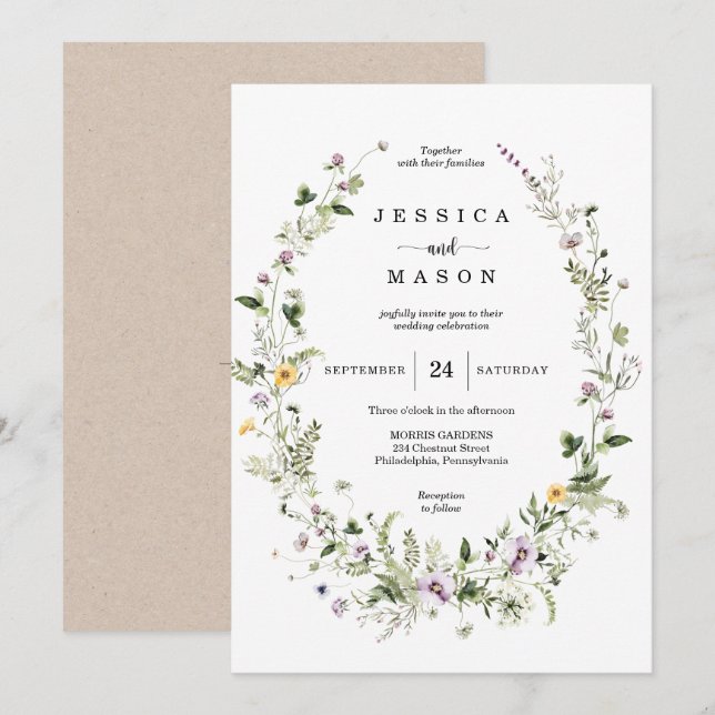 Whimsical Wildblume Rustikale Hochzeitseinladung Einladung (Vorne/Hinten)
