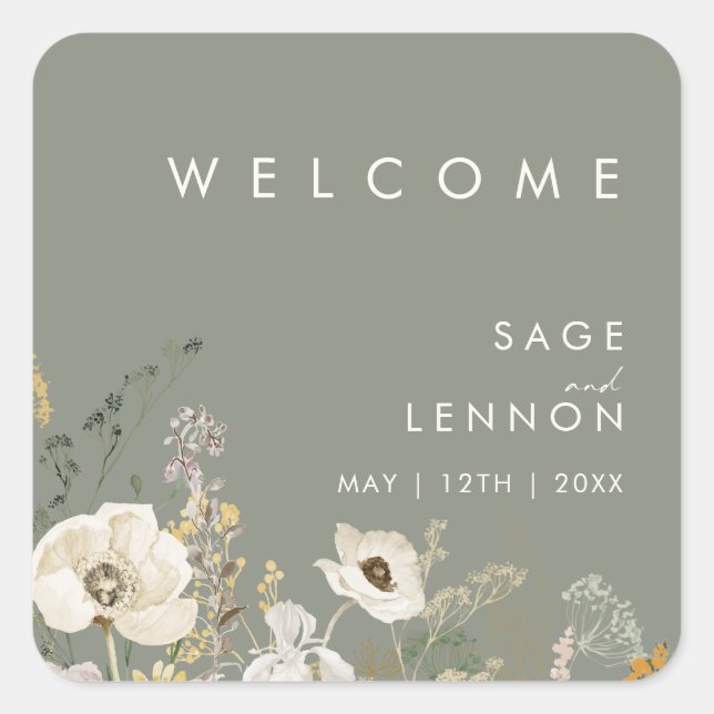 Whimsical Wildblume Sage Wedding Willkommensticker Quadratischer Aufkleber (Vorderseite)