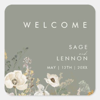 Whimsical Wildblume Sage Wedding Willkommensticker Quadratischer Aufkleber