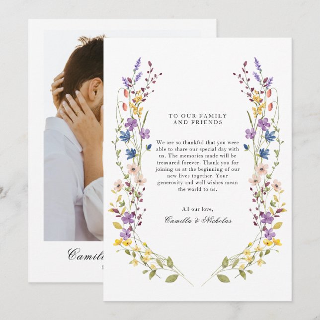 Whimsical Wildblume Wreath Foto Hochzeit Dankeskarte (Vorne/Hinten)