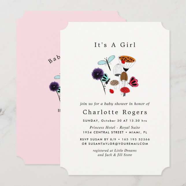 Whimsical Wilde Blume Ladybugs und Schmetterlinge Einladung (Vorne/Hinten)