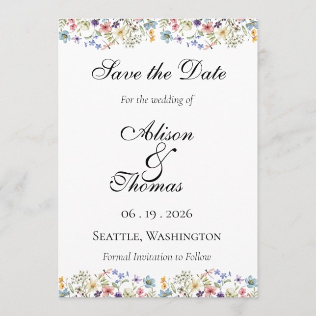 Whimsical Wildflower Meadow Wedding Save The Date (Devant)