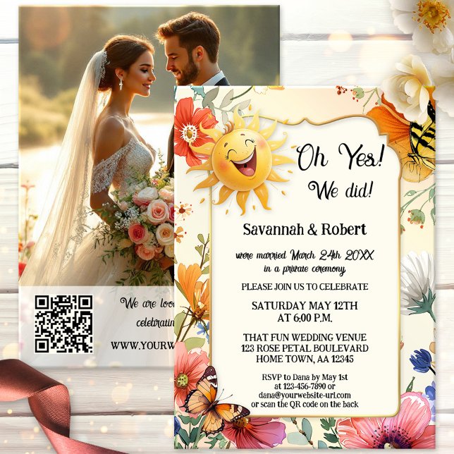 Whimsical Wildflower Wedding Reception Photo Einladung (After wedding invitation features a laughing sun on a watercolor wildflower design. With photo + QR)