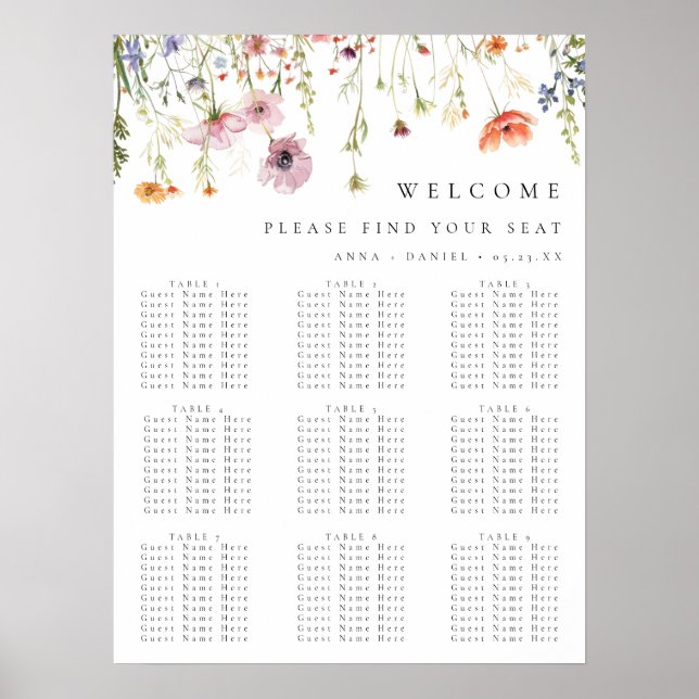 Whimsical Wildflower Wedding Seating Chart Poster (Vorne)