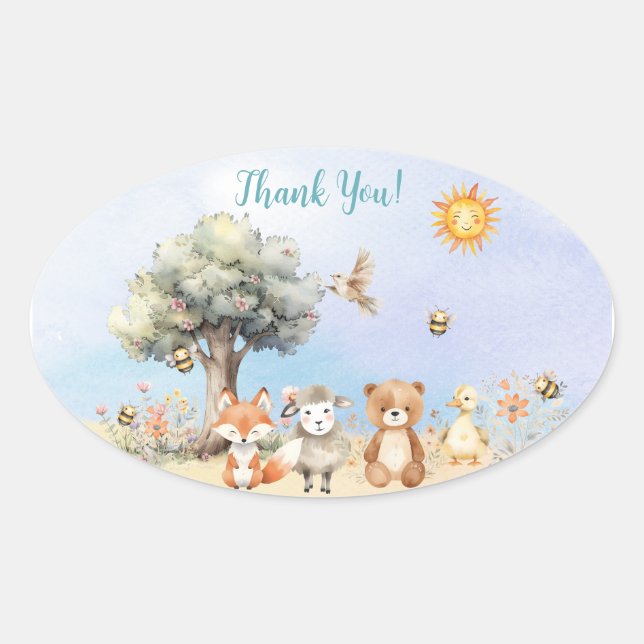 Whimsical Wildlife Animals Baby Dusche Ovaler Aufkleber (Vorderseite)