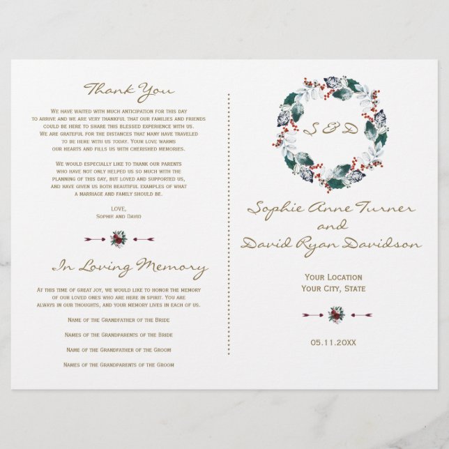 Whimsical Winter Berries Wreath Wedding Programm (Vorderseite)