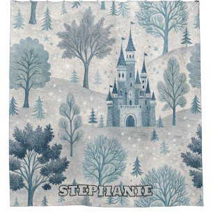 Whimsical Winter Castle Landschaft in Blue & Gray Duschvorhang