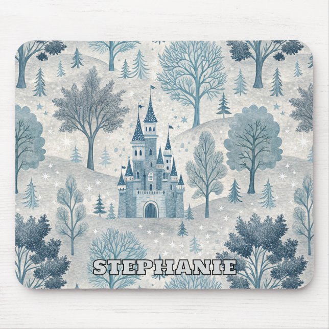 Whimsical Winter Castle Landschaft in Blue & Gray Mousepad (Vorne)