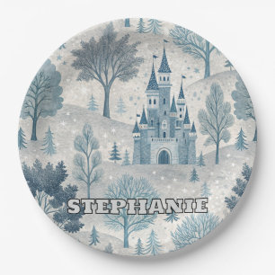 Whimsical Winter Castle Landschaft in Blue & Gray Pappteller
