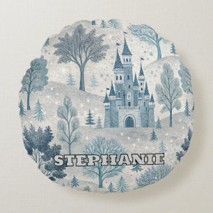 Whimsical Winter Castle Landschaft in Blue & Gray Rundes Kissen