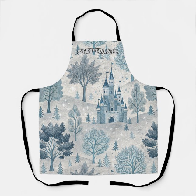 Whimsical Winter Castle Landschaft in Blue & Gray Schürze (Vorderseite)
