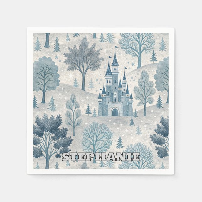 Whimsical Winter Castle Landschaft in Blue & Gray Serviette (Vorderseite)