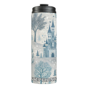 Whimsical Winter Castle Landschaft in Blue & Gray Thermosbecher