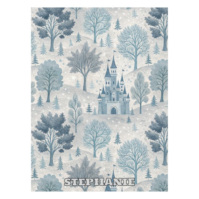 Whimsical Winter Castle Landschaft in Blue & Gray Tischdecke (Vorderseite)