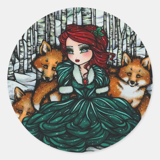 Whimsical Winter Fox Trees Fantasy Fairy Comic Art Runder Aufkleber (Vorderseite)
