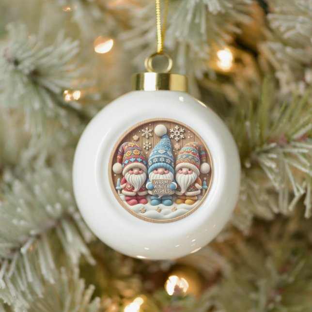 Whimsical Winter Gnomes" - festes Holz Keramik Kugel-Ornament (Baum)
