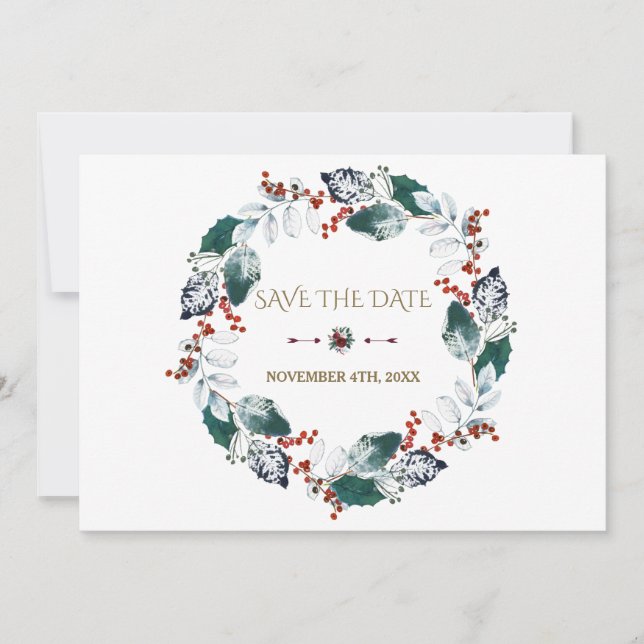 Whimsical Winter Holy Berries Kreath Save the Date (Vorderseite)
