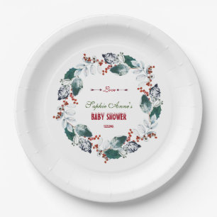 Whimsical Winter Holy Berries Wreath Baby Dusche Pappteller