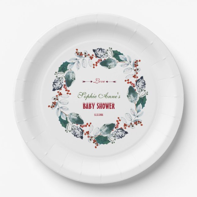 Whimsical Winter Holy Berries Wreath Baby Dusche Pappteller (Vorderseite)