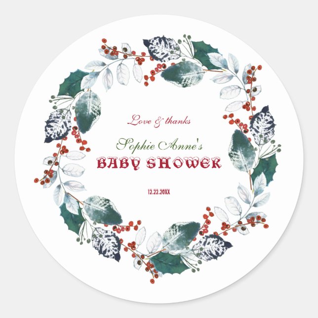 Whimsical Winter Holy Berries Wreath Baby Dusche Runder Aufkleber (Vorderseite)