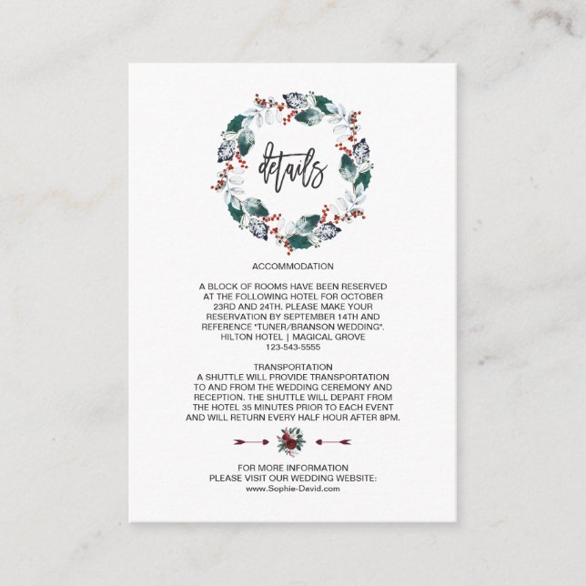 Whimsical Winter Holy Berries Wreath Weddi Details Begleitkarte (Vorderseite)