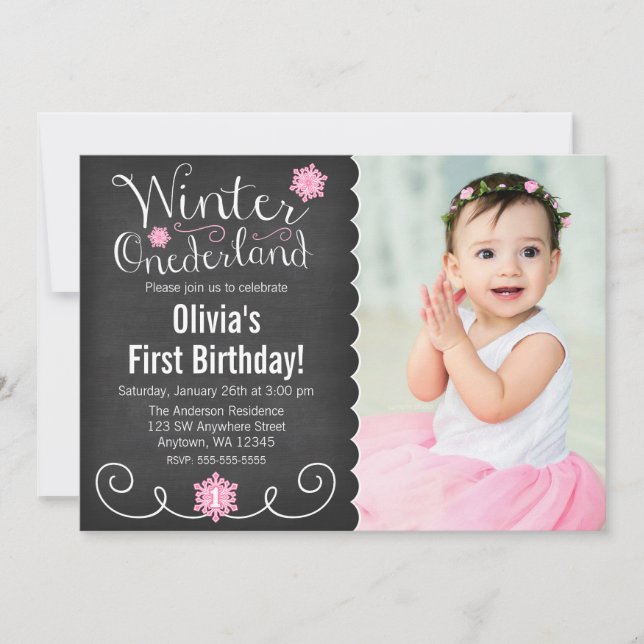 Whimsical Winter Onederland Foto erster Geburtstag Einladung (Vorderseite)