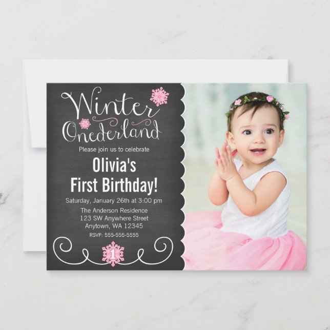 Whimsical Winter Onederland Foto erster Geburtstag Einladung (Vorderseite)