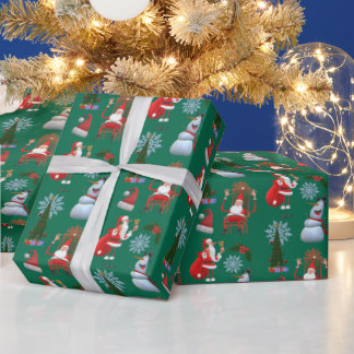 Whimsical Winter Tree with Santa and Snowman Geschenkpapier