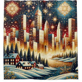 "Whimsical Winter Village and City" Duschvorhang