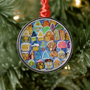 Whimsical Winter Village Folk Art Metall Weihnacht Ornament Aus Metall