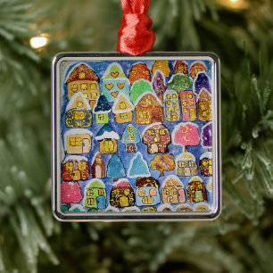 Whimsical Winter Village Folk Art Metall-Weihnacht Ornament Aus Metall