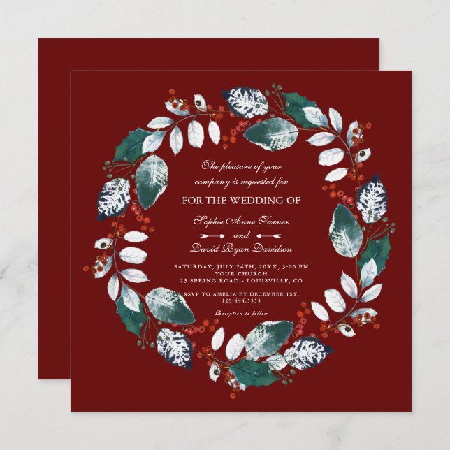 Whimsical Winter Wreath Burgundy Wedding Einladung (Vorne/Hinten)