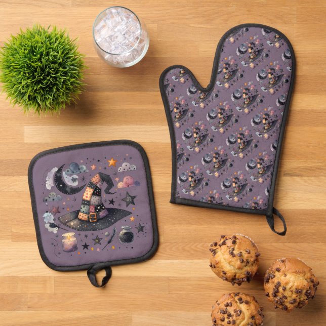 Whimsical Witch Hat und Himmelsmagie Ofenhandschuh & Topflappen-Set (Oben Unten)