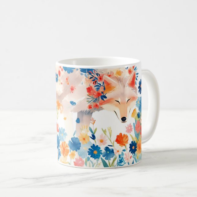 Whimsical Wolf im blühenden Blumengarten Kaffeetasse (VorderseiteRechts)