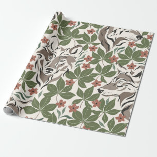Whimsical Wolf und Waldgrünes Blattreiches Gartend Geschenkpapier
