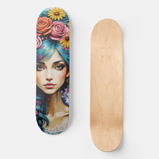 Whimsical Woman's Face Floral Skateboard (Vorderseite)
