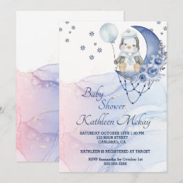 Whimsical Wonderland Blue Penguin Baby Duschjunge Einladung