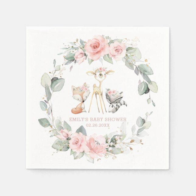 Whimsical Woodland Animals Baby Dusche Pink Bläsch Serviette (Vorderseite)