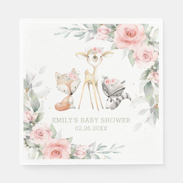 Whimsical Woodland Animals Baby Dusche Pink Bläsch Serviette (Vorderseite)