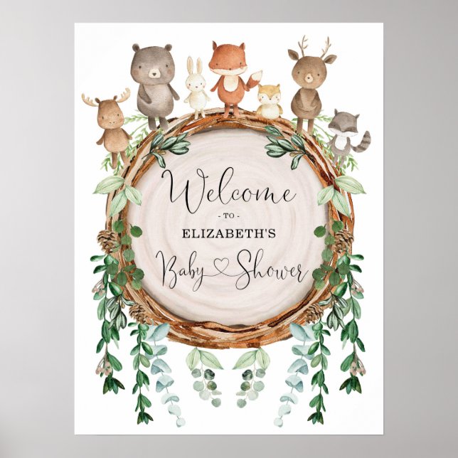 Whimsical Woodland Animals Baby Dusche Willkommen Poster (Vorne)