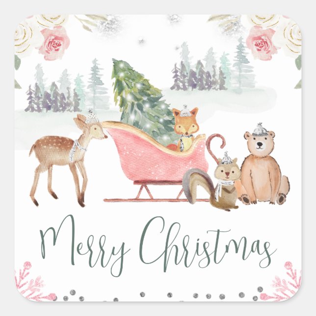 Whimsical Woodland Animals Christmas Sleigh Quadratischer Aufkleber (Vorderseite)